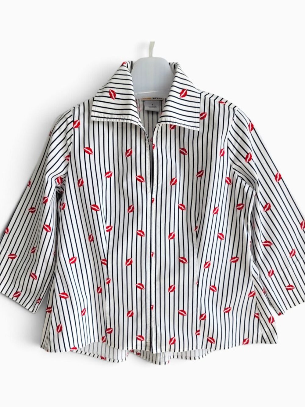 Cali Girls Kiss Print Pinstripe Shirt S 100% Cotton Nautical Sailor Preppy